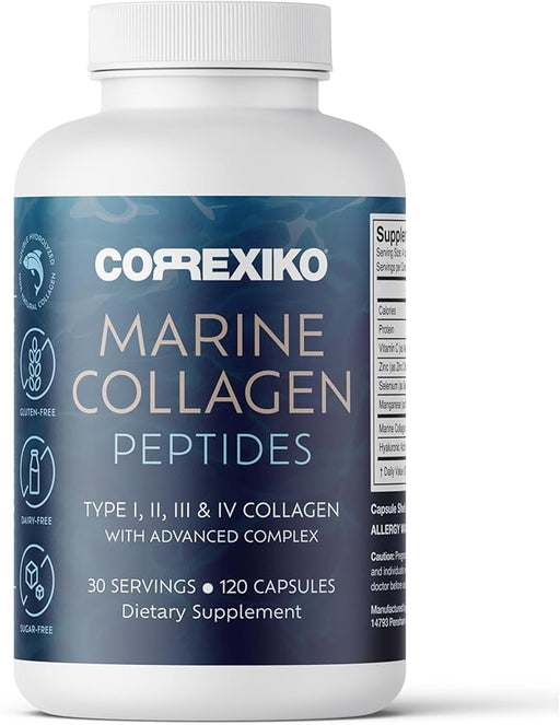Suplemento de colágeno marino CORREXIKO - 1800 mg de péptidos de colágeno hidrolizado 120 cápsulas (suministro para 30 días) - Quierox - Tienda Online