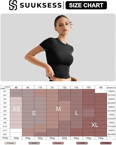 SUUKSESS Camiseta básica ajustada con doble forro para mujer, cuello redondo, manga corta - Quierox - Tienda Online