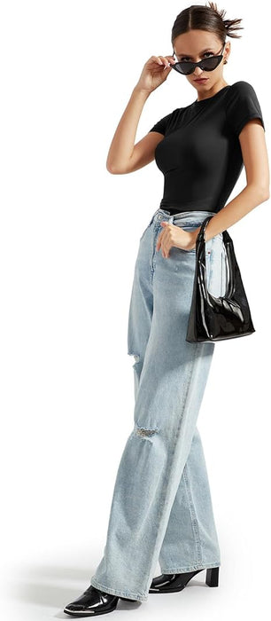 SUUKSESS Camiseta básica ajustada con doble forro para mujer, cuello redondo, manga corta - Quierox - Tienda Online