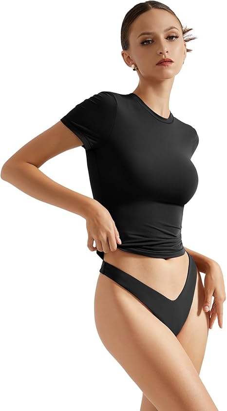 SUUKSESS Camiseta básica ajustada con doble forro para mujer, cuello redondo, manga corta - Quierox - Tienda Online