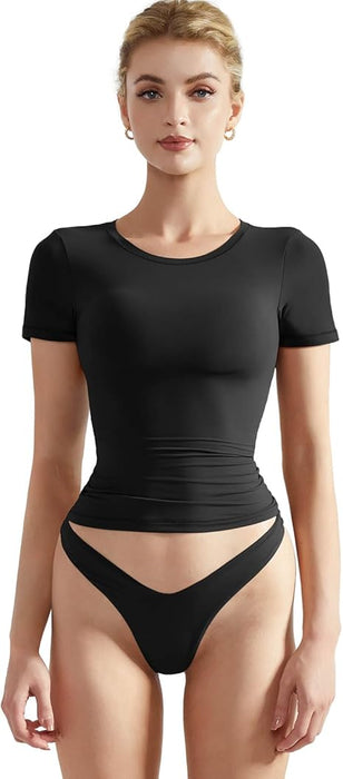 SUUKSESS Camiseta básica ajustada con doble forro para mujer, cuello redondo, manga corta - Quierox - Tienda Online