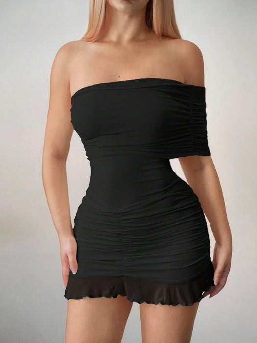 Sweetina Vestido mini asimétrico ajustado con hombros descubiertos de malla - Quierox - Tienda Online