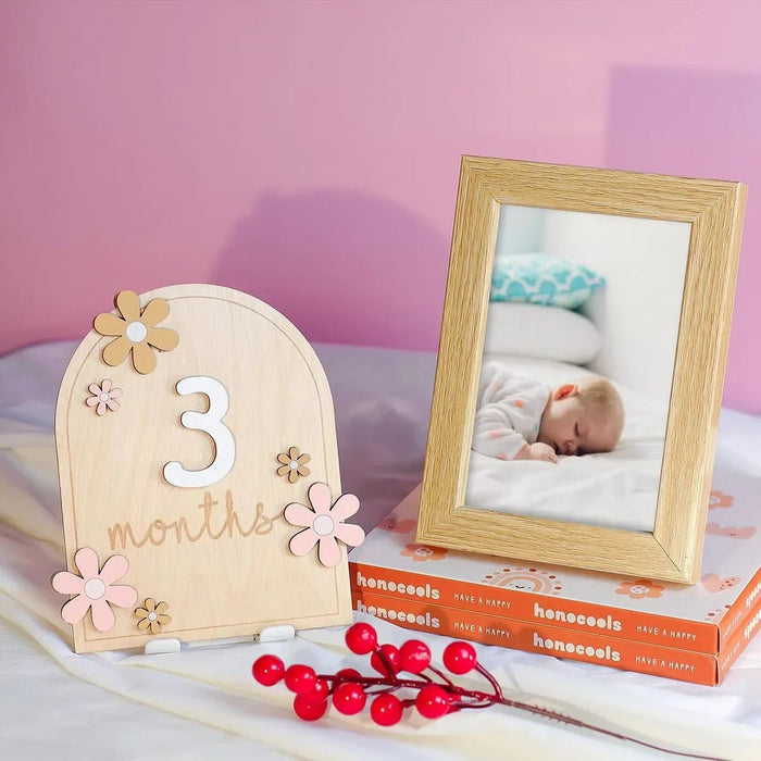 Tarjetas de madera para bebés con hitos mensuales, diseño floral, doble cara - Quierox - Tienda Online