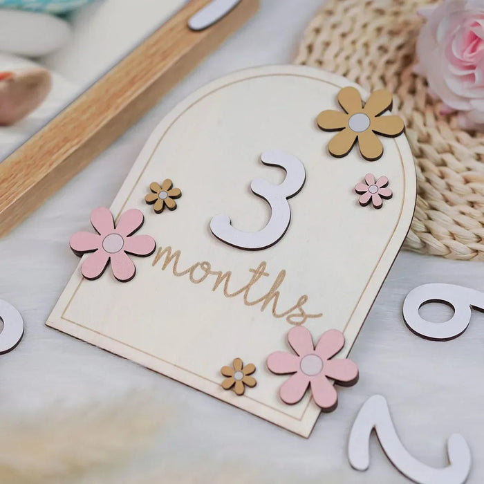 Tarjetas de madera para bebés con hitos mensuales, diseño floral, doble cara - Quierox - Tienda Online