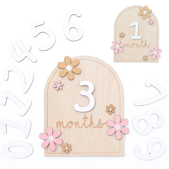 Tarjetas de madera para bebés con hitos mensuales, diseño floral, doble cara - Quierox - Tienda Online