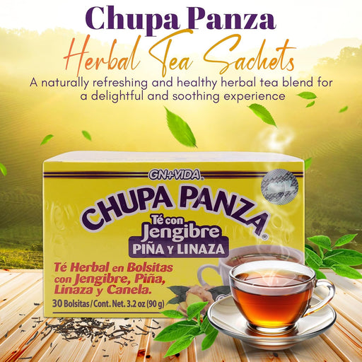 Té CHUPA PANZA - Té a base de raíz de jengibre, piña, linaza y canela (30 bolsas de té/0.10 oz cada una) - Quierox - Tienda Online