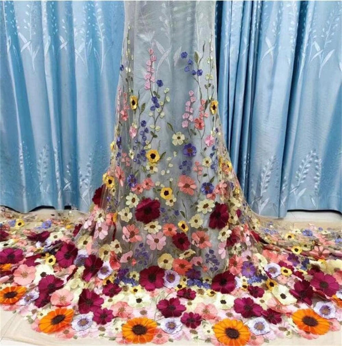 Tela de encaje bordada con flores de girasol en 3D para vestido de fiesta de dama - Quierox - Tienda Online