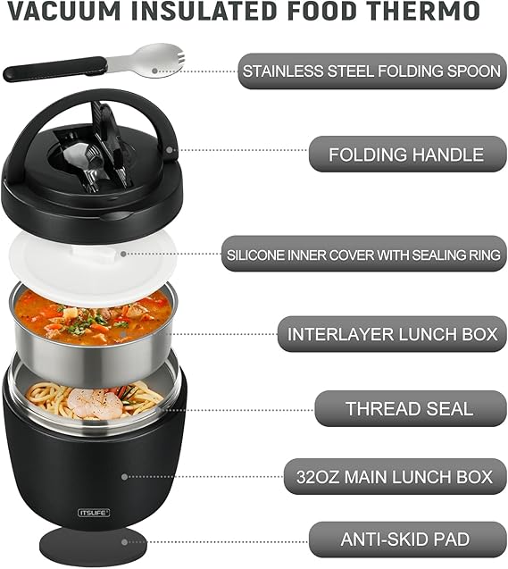 Termo de sopa para comida caliente, contenedor de almuerzo aislado de acero inoxidable de 32 onzas - Quierox - Tienda Online