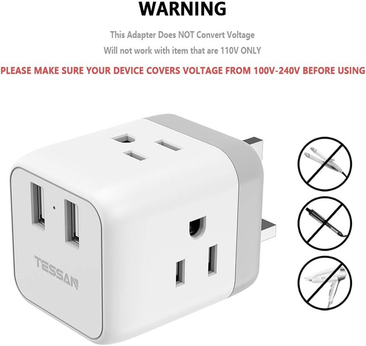 TESSAN adaptador de corriente para Reino Unido con 3 tomas americanas y 2 puertos de carga USB - Quierox - Tienda Online