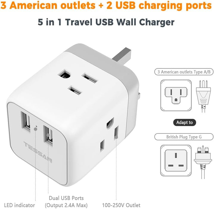 TESSAN adaptador de corriente para Reino Unido con 3 tomas americanas y 2 puertos de carga USB - Quierox - Tienda Online