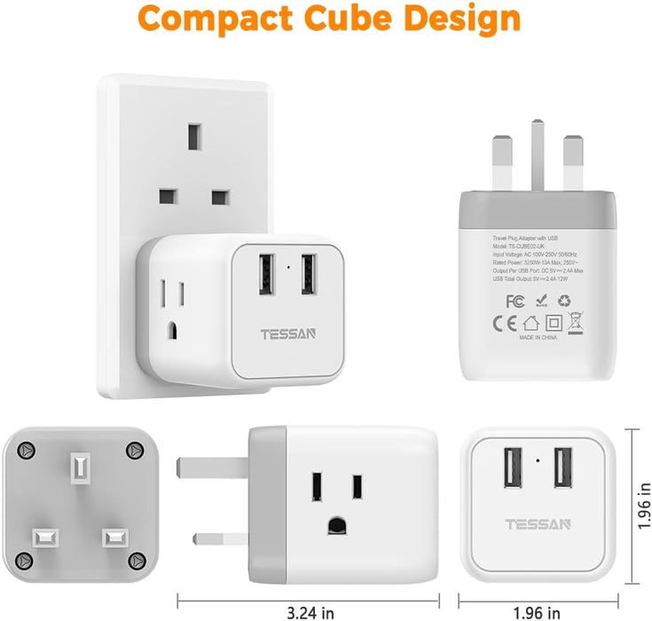 TESSAN adaptador de corriente para Reino Unido con 3 tomas americanas y 2 puertos de carga USB - Quierox - Tienda Online