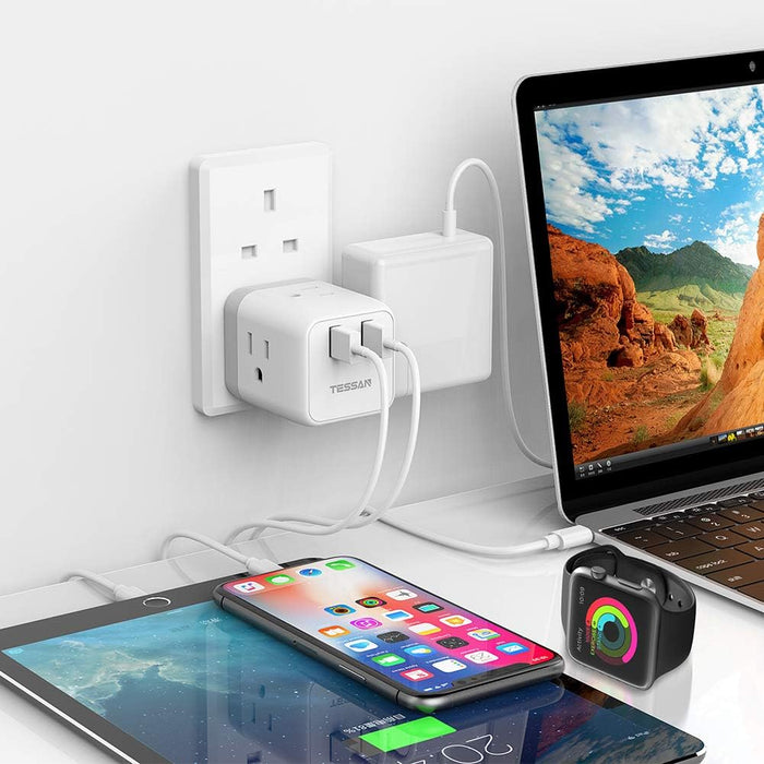 TESSAN adaptador de corriente para Reino Unido con 3 tomas americanas y 2 puertos de carga USB - Quierox - Tienda Online