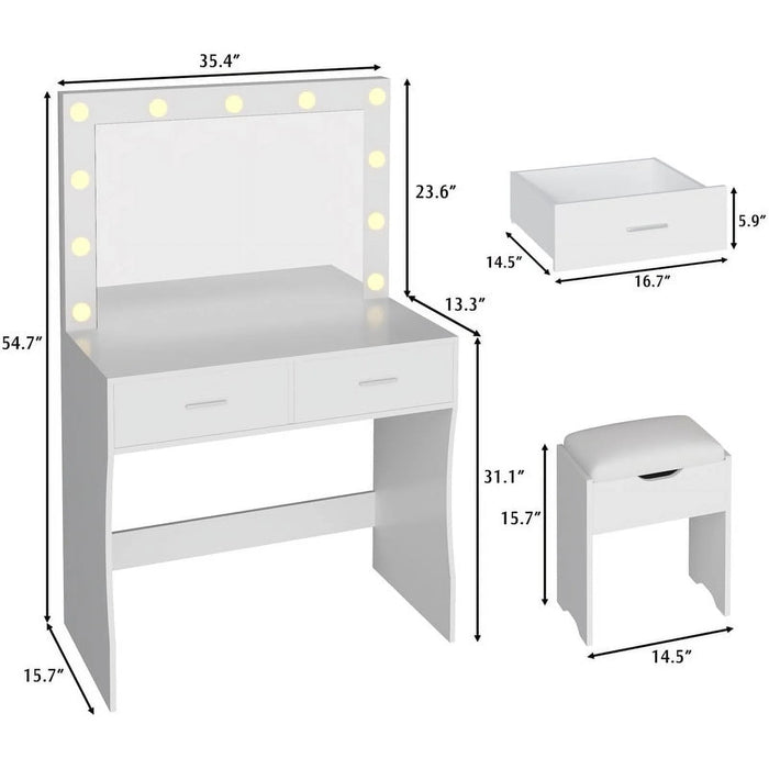 Tocador Furmax con luces y espejo, escritorio con cajón y silla, color blanco - Quierox - Tienda Online