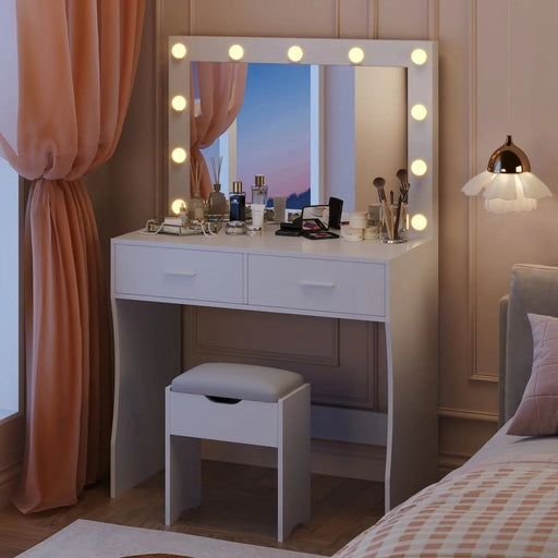 Tocador Furmax con luces y espejo, escritorio con cajón y silla, color blanco - Quierox - Tienda Online