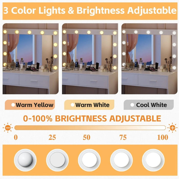 Tocador Furmax con luces y espejo, escritorio con cajón y silla, color blanco - Quierox - Tienda Online