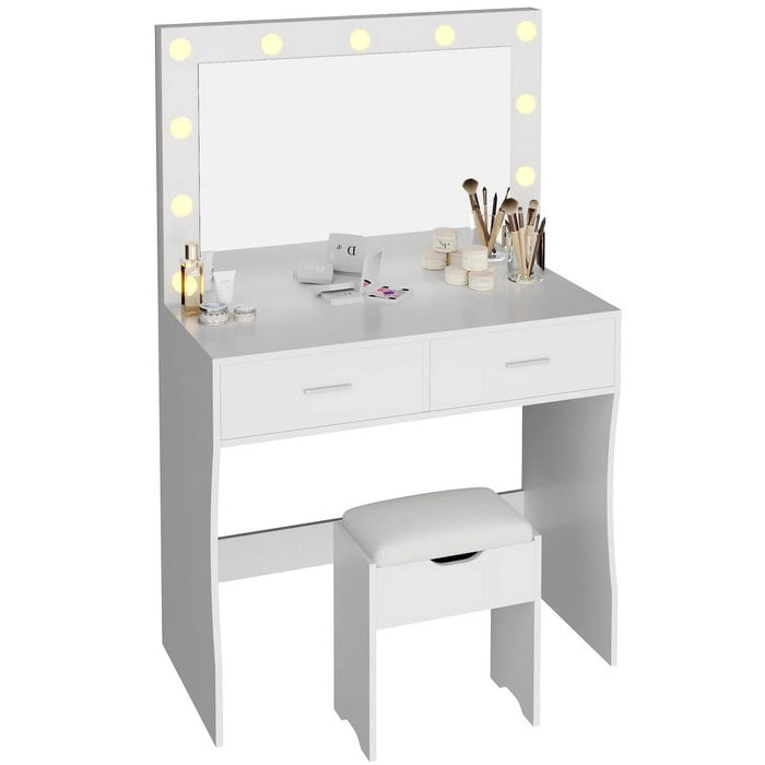 Tocador Furmax con luces y espejo, escritorio con cajón y silla, color blanco - Quierox - Tienda Online