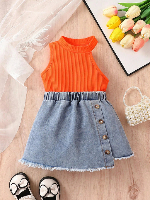 Top asimétrico tipo halter y falda de corte sin rematar para niña - Quierox - Tienda Online
