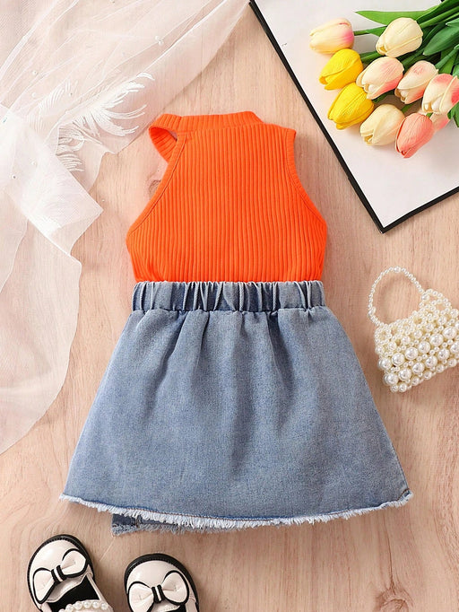 Top asimétrico tipo halter y falda de corte sin rematar para niña - Quierox - Tienda Online