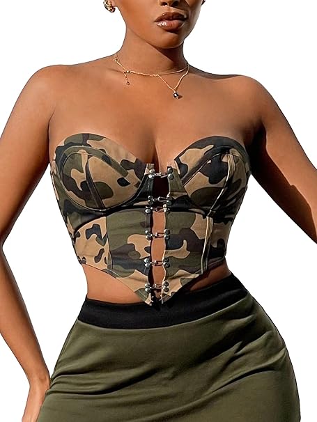 Top con estampado de camuflaje para mujer, top corto asimétrico con dobladillo - Quierox - Tienda Online