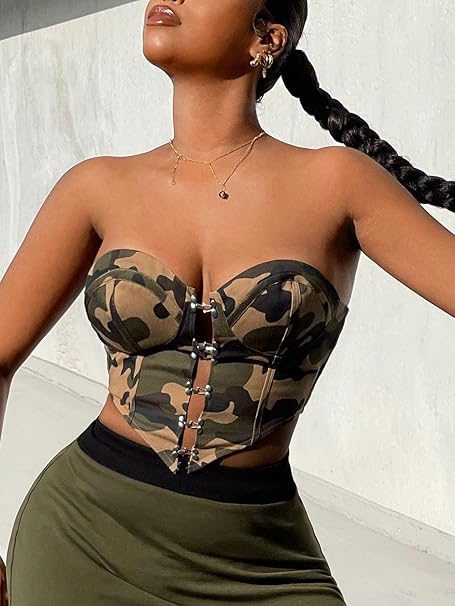 Top con estampado de camuflaje para mujer, top corto asimétrico con dobladillo - Quierox - Tienda Online