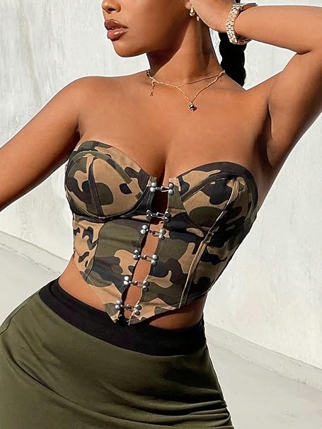 Top con estampado de camuflaje para mujer, top corto asimétrico con dobladillo - Quierox - Tienda Online