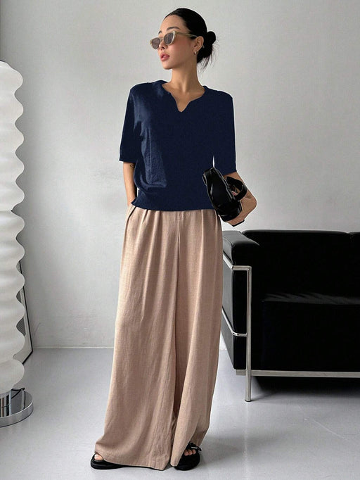 Top de punto holgado con cuello polo y manga corta en color liso DAZY para mujer - Quierox - Tienda Online