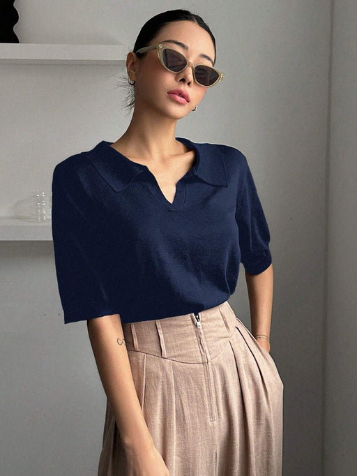 Top de punto holgado con cuello polo y manga corta en color liso DAZY para mujer - Quierox - Tienda Online