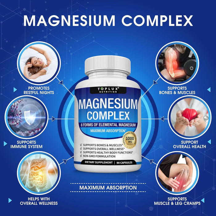 Toplux Nutrition Suplemento de complejo de magnesio de 8 elementos, 1000 mg 90 cápsulas - Quierox - Tienda Online