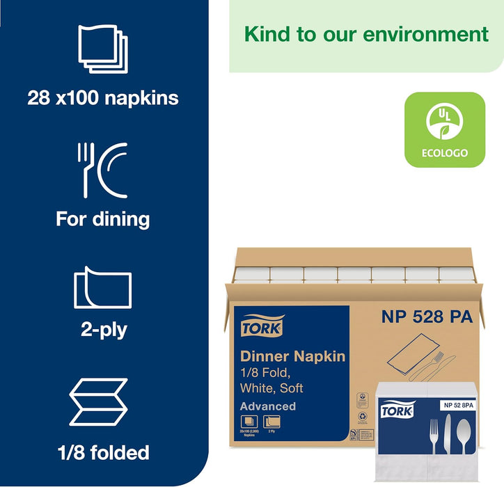 Tork Advanced NP528PA Servilleta de cena suave, 2 capas, 1/8 pliegue (caja de 28 paquetes, 100 por paquete, 2.800 servilletas) - Quierox - Tienda Online