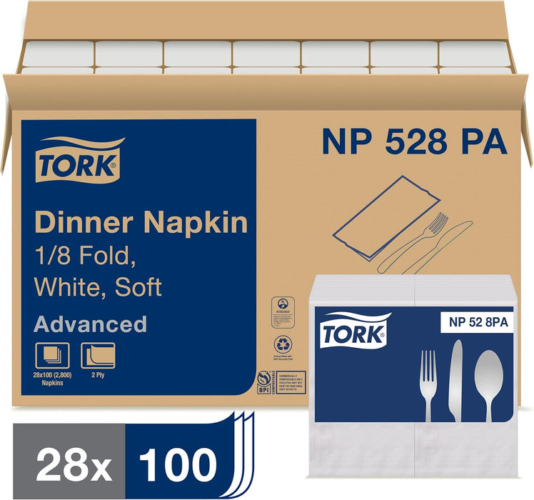 Tork Advanced NP528PA Servilleta de cena suave, 2 capas, 1/8 pliegue (caja de 28 paquetes, 100 por paquete, 2.800 servilletas) - Quierox - Tienda Online