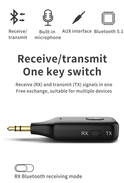 Transmisor y receptor de audio Bluetooth 5.1 con entrada AUX de 3,5 mm y adaptador inalámbrico de música estéreo - Quierox - Tienda Online