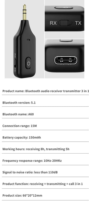 Transmisor y receptor de audio Bluetooth 5.1 con entrada AUX de 3,5 mm y adaptador inalámbrico de música estéreo - Quierox - Tienda Online