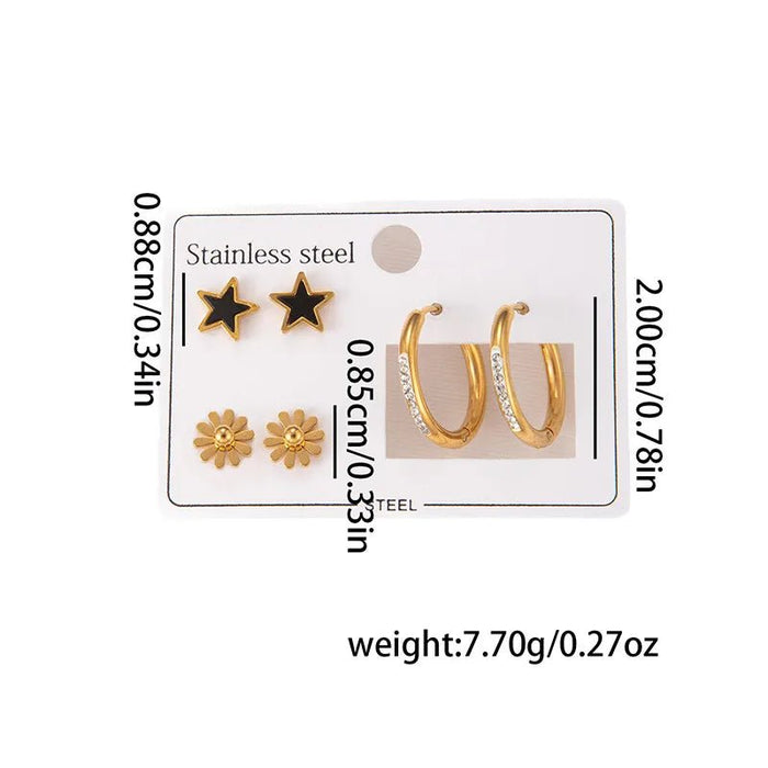 Tres Piezas De Aretes De Acero Inoxidable Con Serie De Margarita Y Estrella Para Mujer - Quierox - Tienda Online