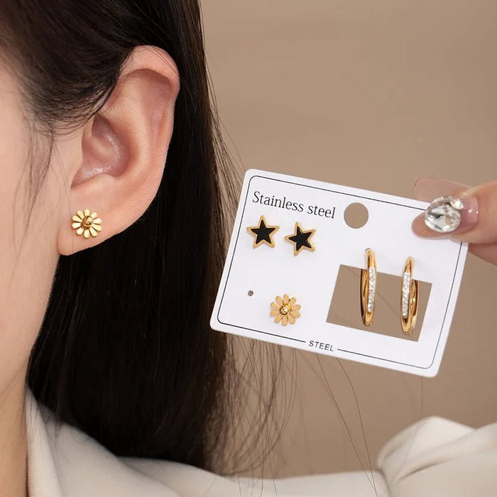 Tres Piezas De Aretes De Acero Inoxidable Con Serie De Margarita Y Estrella Para Mujer - Quierox - Tienda Online