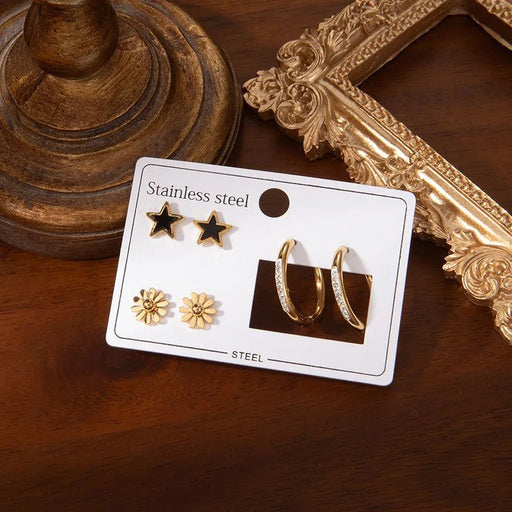 Tres Piezas De Aretes De Acero Inoxidable Con Serie De Margarita Y Estrella Para Mujer - Quierox - Tienda Online