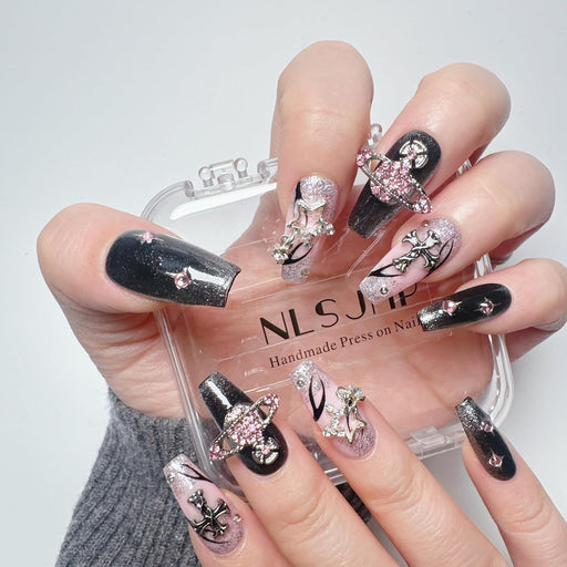 Uñas acrílicas de presión con diseño de ojo de gato hechas a mano con diseño punk de estrella - Quierox - Tienda Online