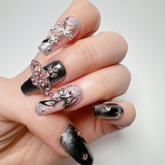 Uñas acrílicas de presión con diseño de ojo de gato hechas a mano con diseño punk de estrella - Quierox - Tienda Online