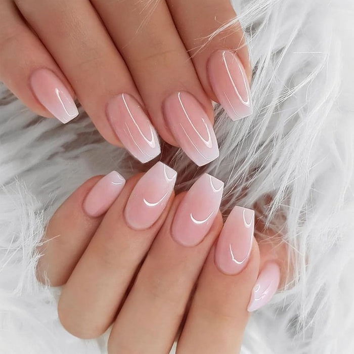 Uñas postizas cortas estilo ataúd estilo uñas francesas en rosa claro - Quierox - Tienda Online