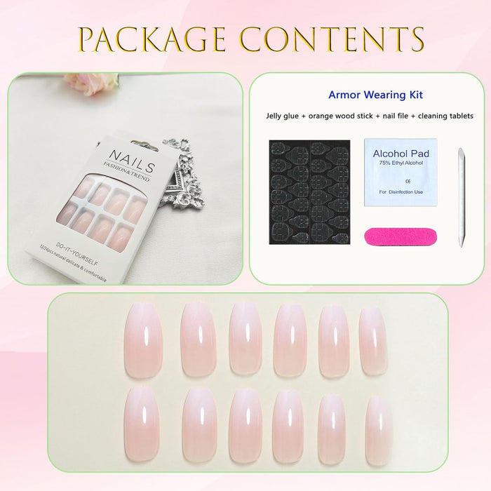 Uñas postizas cortas estilo ataúd estilo uñas francesas en rosa claro - Quierox - Tienda Online