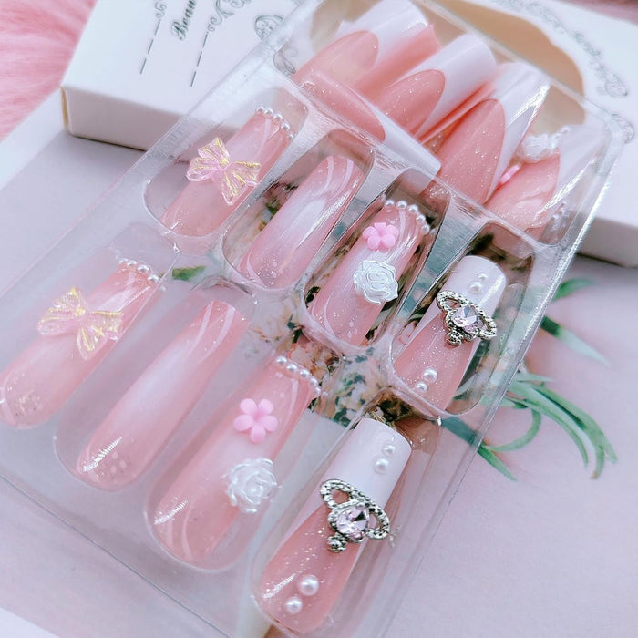 Uñas postizas cuadradas largas con punta francesa blanca, 24 unidades, diseño de flores y perlas - Quierox - Tienda Online