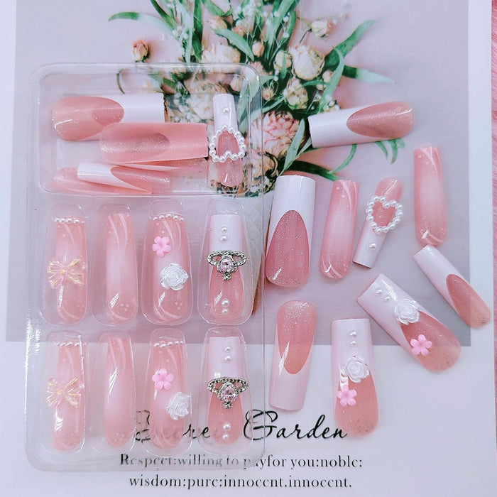 Uñas postizas cuadradas largas con punta francesa blanca, 24 unidades, diseño de flores y perlas - Quierox - Tienda Online