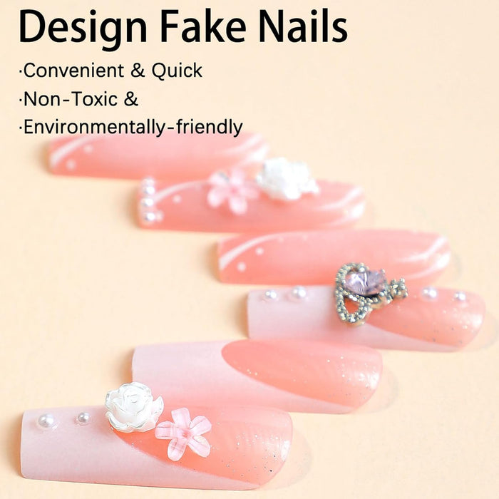 Uñas postizas cuadradas largas con punta francesa blanca, 24 unidades, diseño de flores y perlas - Quierox - Tienda Online