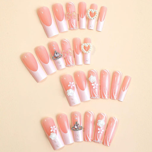 Uñas postizas cuadradas largas con punta francesa blanca, 24 unidades, diseño de flores y perlas - Quierox - Tienda Online