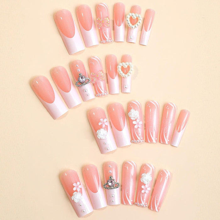 Uñas postizas cuadradas largas con punta francesa blanca, 24 unidades, diseño de flores y perlas - Quierox - Tienda Online