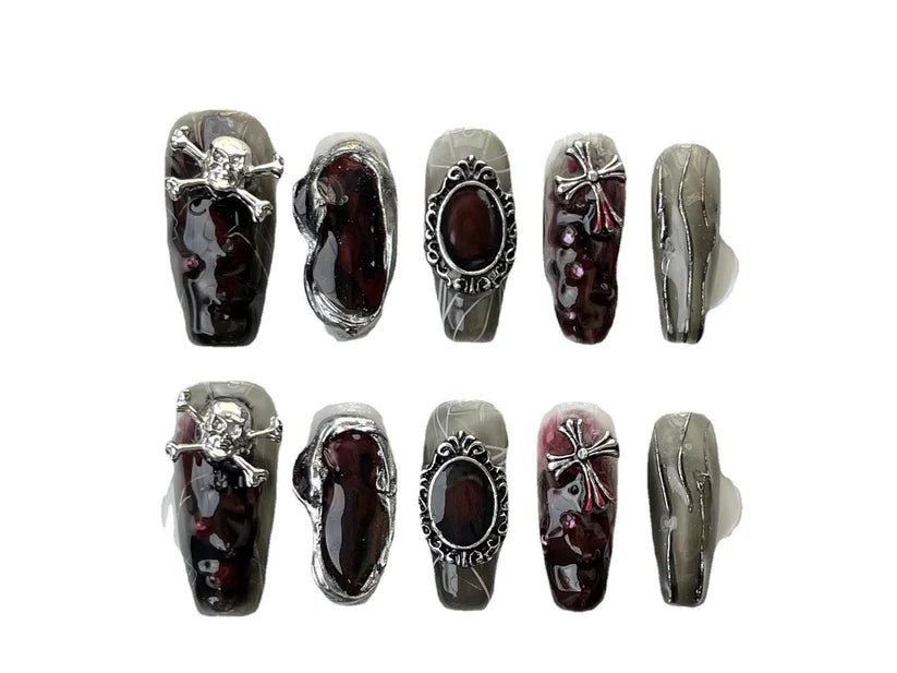 Uñas postizas góticas press on de glamour oscuro calaveras y estilo arte barroco - Quierox - Tienda Online