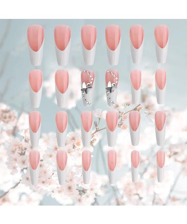 Uñas postizas largas, 24 unidades, diseño francés de ballet con forma de ataúd y mariposa - Quierox - Tienda Online