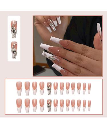 Uñas postizas largas, 24 unidades, diseño francés de ballet con forma de ataúd y mariposa - Quierox - Tienda Online