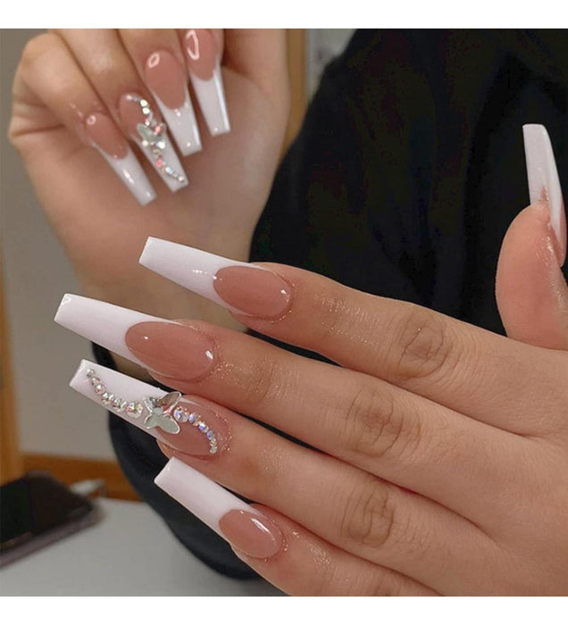 Uñas postizas largas, 24 unidades, diseño francés de ballet con forma de ataúd y mariposa - Quierox - Tienda Online