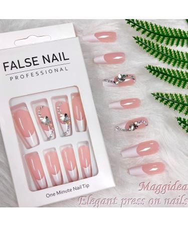 Uñas postizas largas, 24 unidades, diseño francés de ballet con forma de ataúd y mariposa - Quierox - Tienda Online