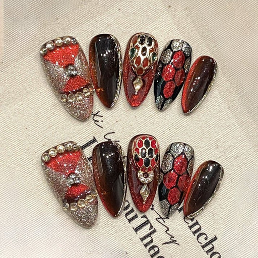 Uñas press on almendradas rojas y negras con estampado de leopardo y diamantes de imitación, hechas a mano - Quierox - Tienda Online